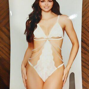 Dreamgirl Stretch Lace Teddy with Draping Pearls White One Size